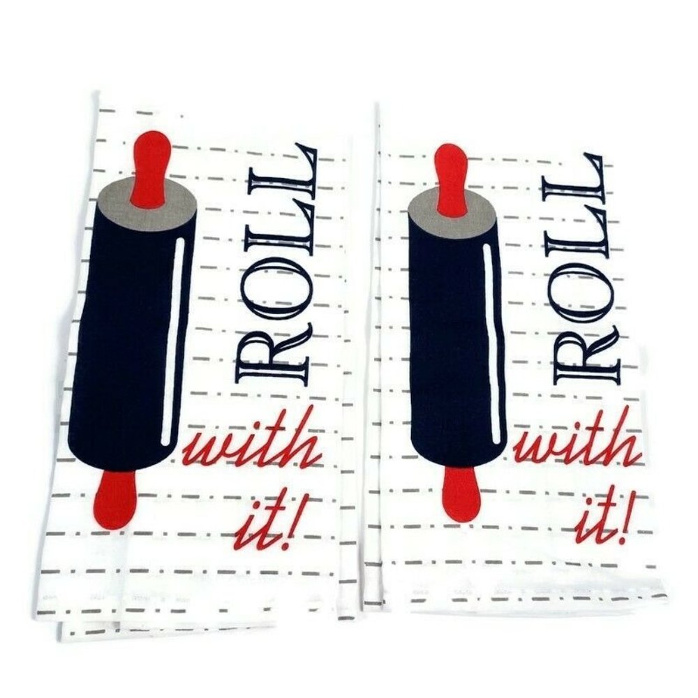 🔥4/$20 Novelty Kitchen Flour Sack Towels NEW "Roll With It" Set Of 2